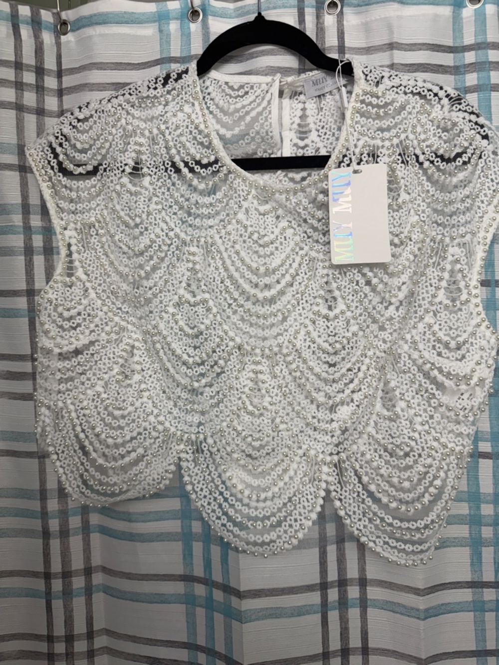 MIU MIU White Sequin Scalloped Crop Top
